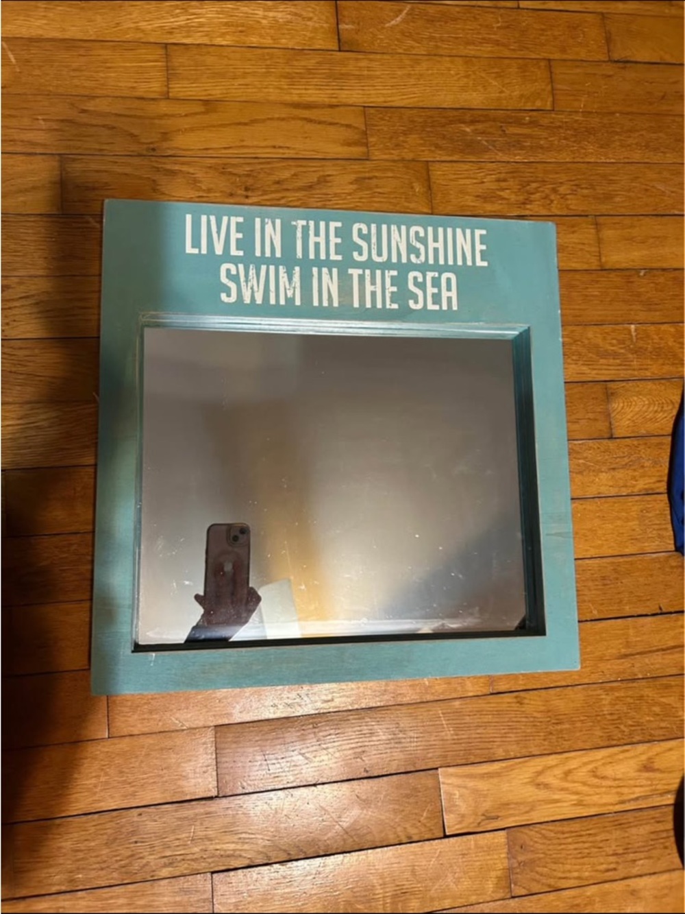 Teal Wall Mirror with 'Live in the Sunshine Swim in the Sea' Text